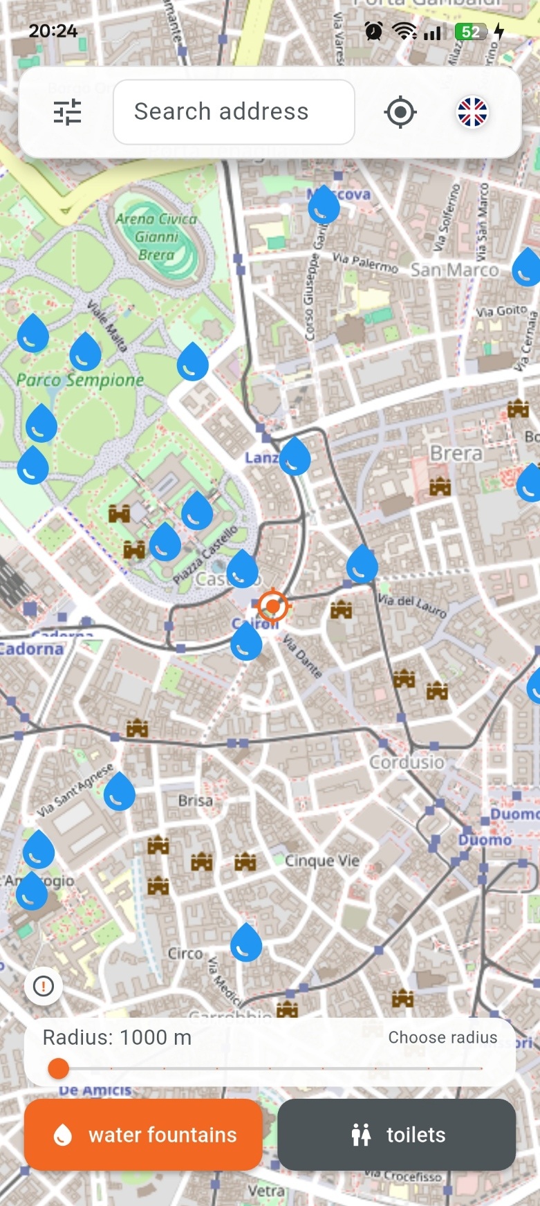 Schermata dell'app PitSpot con mappa di Milano, fontanelle e controlli di ricerca